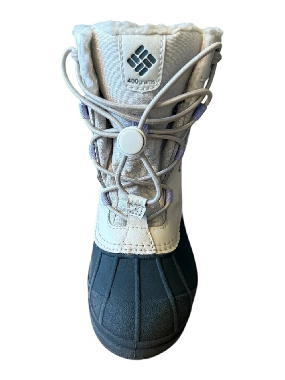 Columbia Kids White and Black Insulated Snow Boots with Lavender Accents